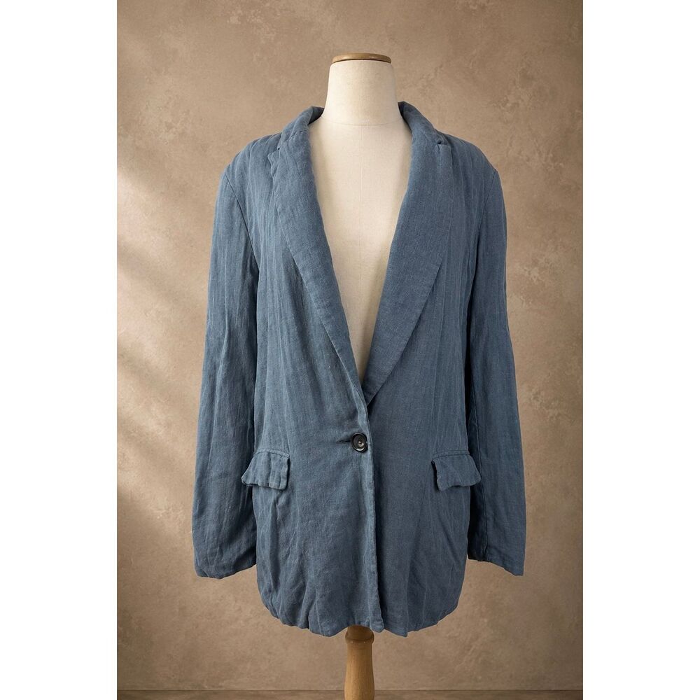 Free People Sz M Relaxed Linen Blend Blue Blazer Jacket